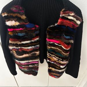 DVF rainbow mink cardigan with black wool Knit Sleeves